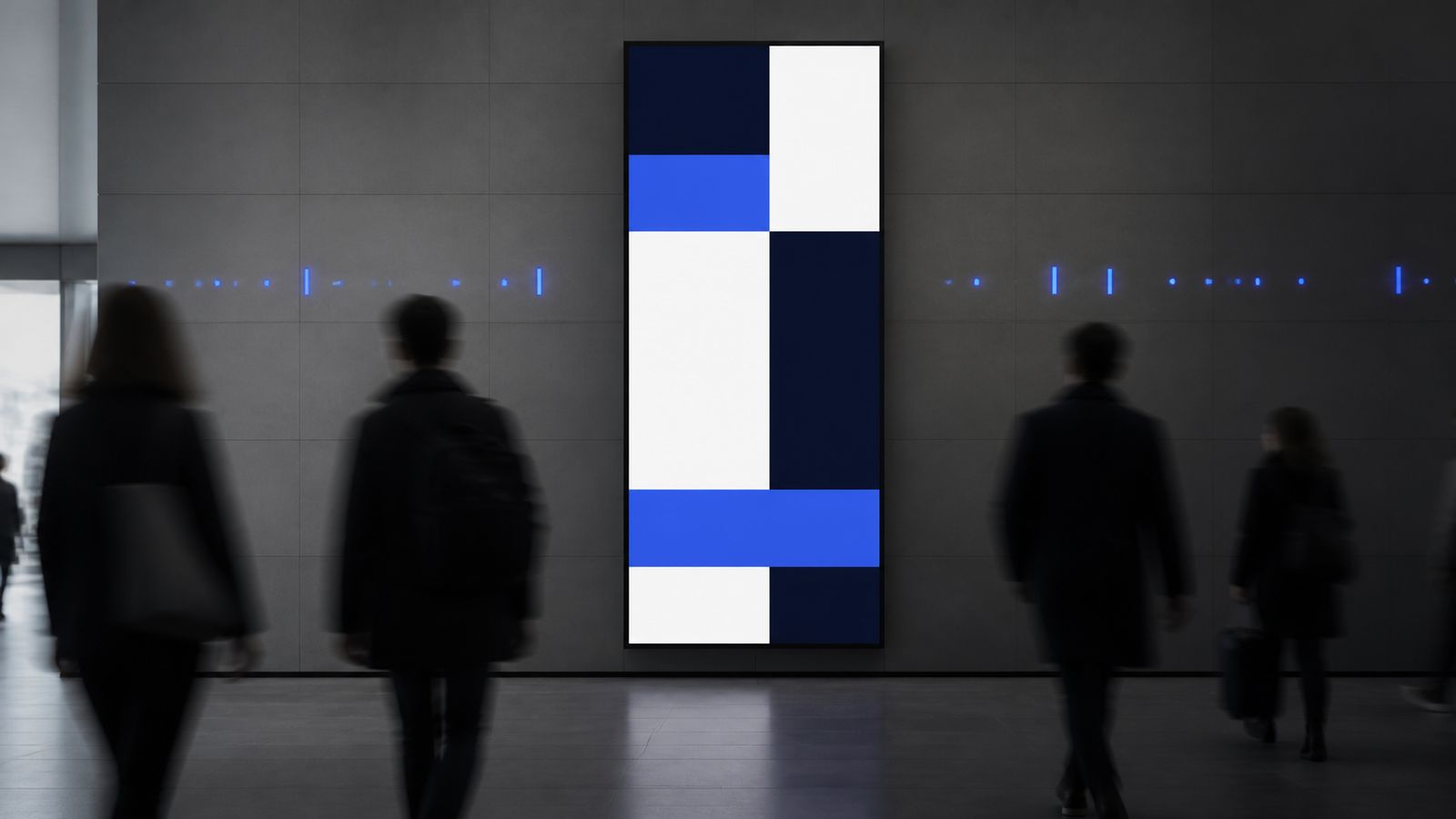 Bir DOOH ekranının önünden geçen anonim izleyiciler ve soyut bir ölçüm sinyali